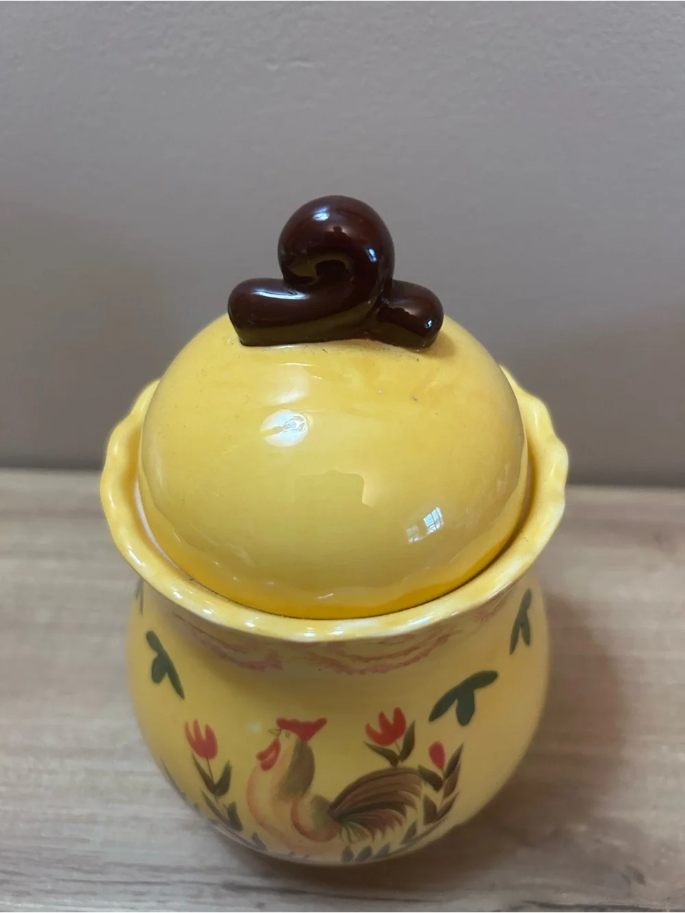 Vintage Yellow Rooster Ceramic Jar with Brown Knob